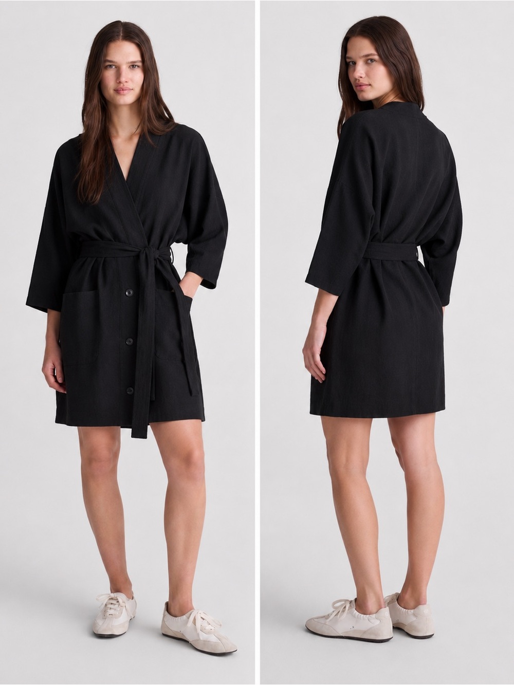 & Other Stories Black Linen Blend Wrap Midi Dress Belted Pockets US 10